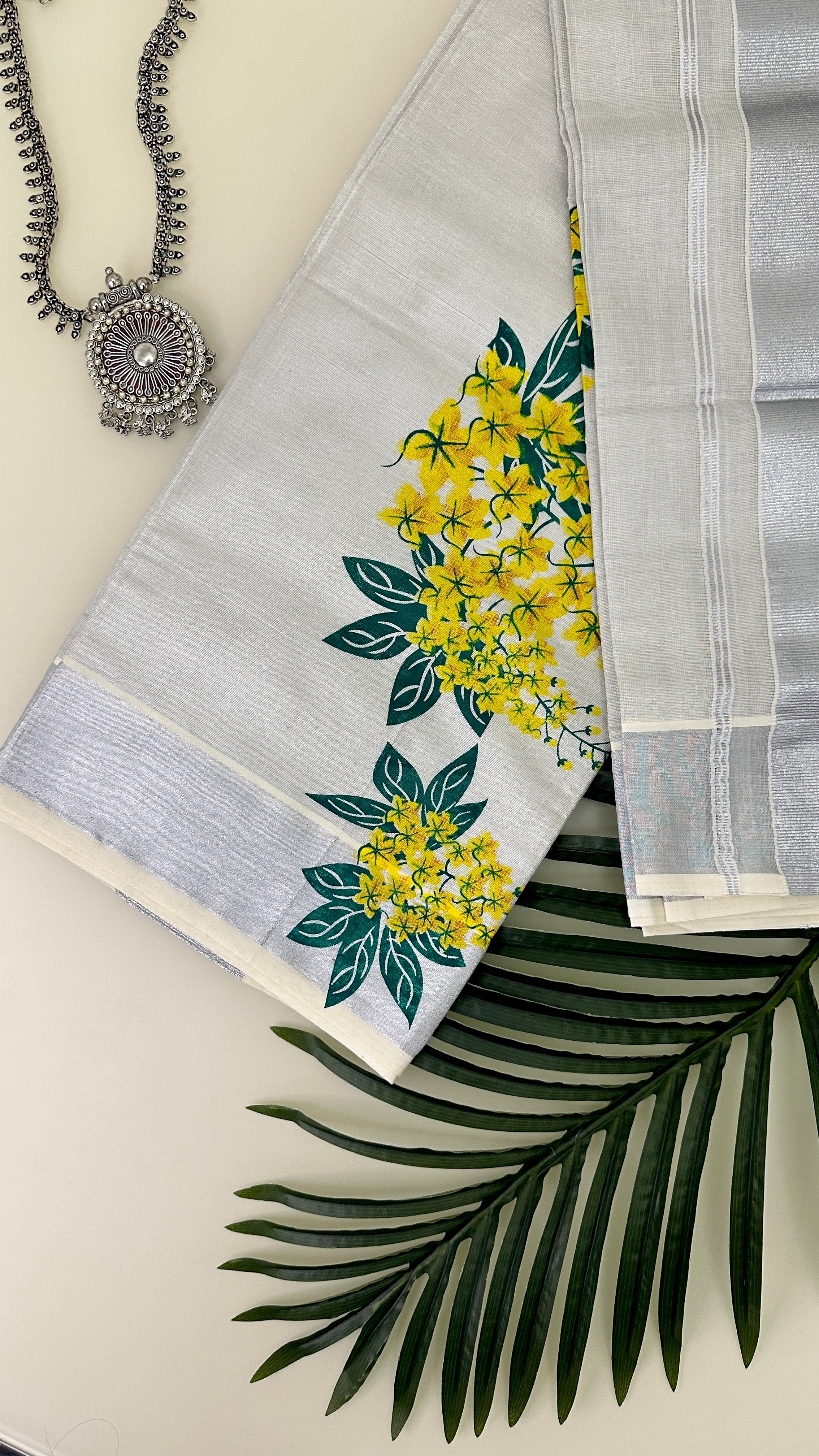 Yellow Flower Print Kerala Single Set and Mundu